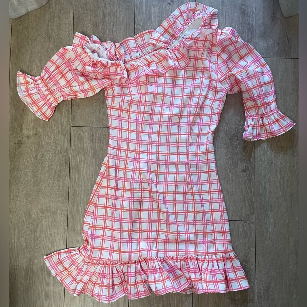 Revolve ATOIR Esmeray Dress | Pink Gingham One Shoulder Ruffle Mini Dress - Picture 4 of 5